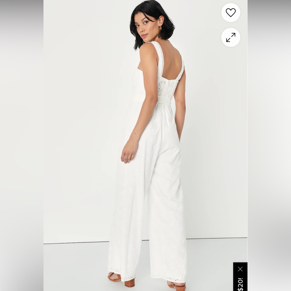 LuLus Sweetest Angel Ivory Eyelet Embroidered Tie-Front Jumpsuit. Size Large. - Picture 3 of 13